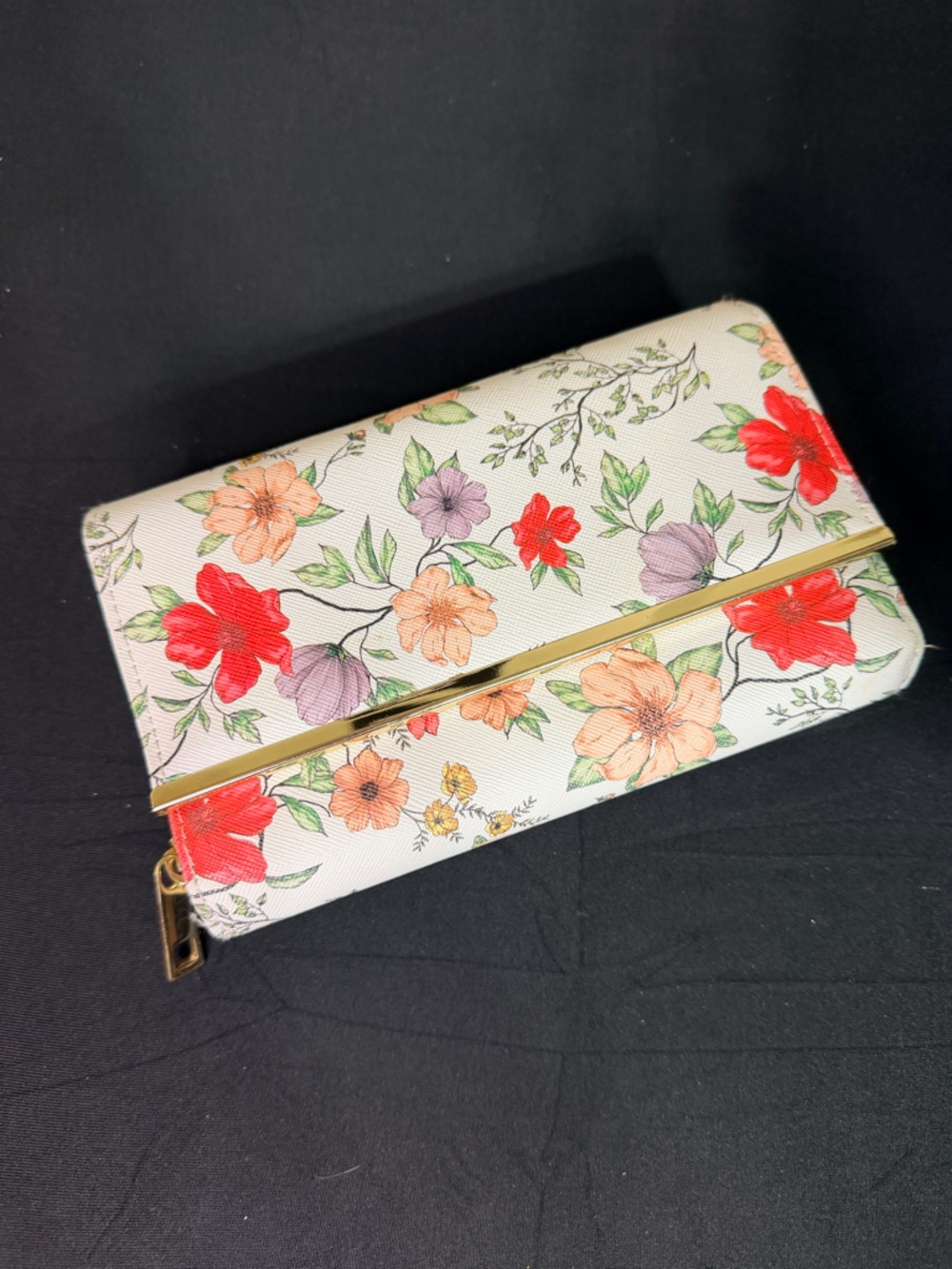 Floral Zip Clutch in Cream with Red, Peach & Lavender Blooms
